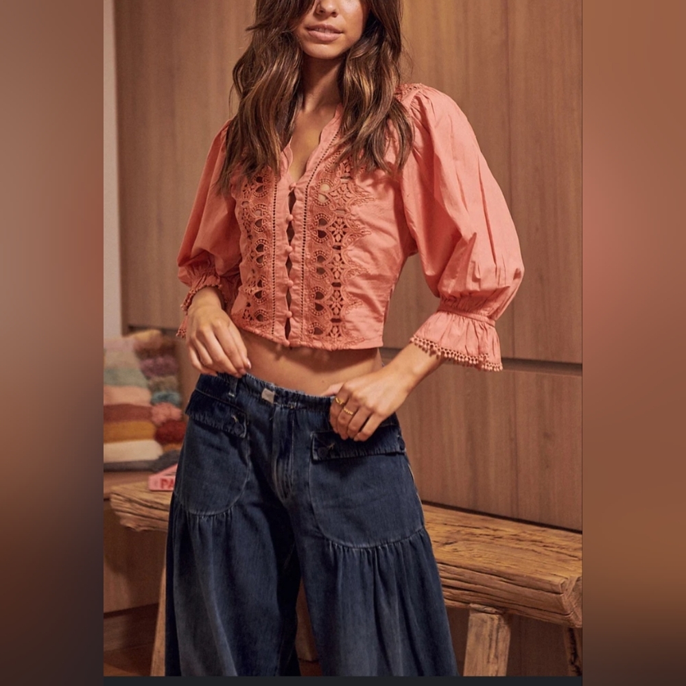 NWOT Free People Louella Embroidered Top XS